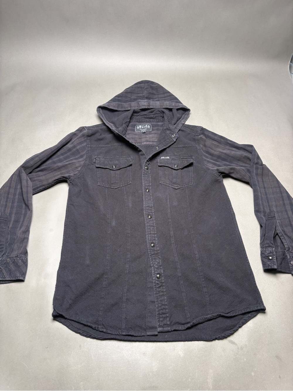 Sullen Hooded Button-Down Shirt Jacket - Charcoal and Black Well Worn